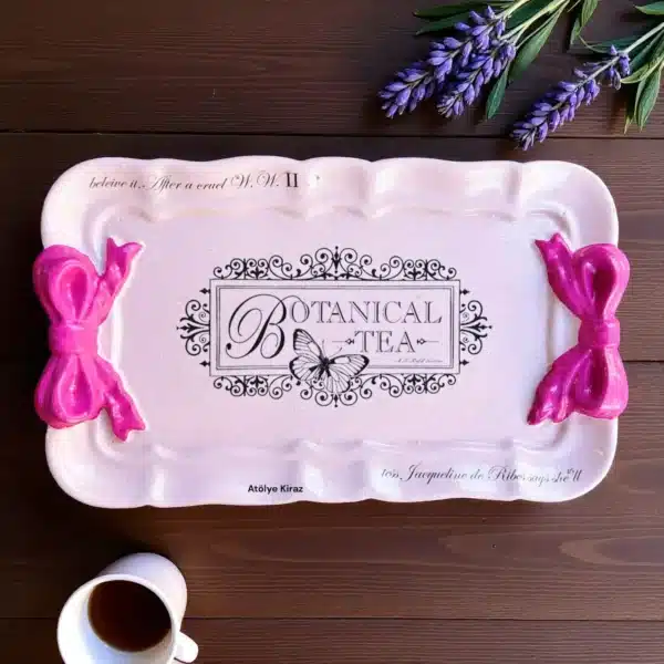 El Boyaması Fiyonklu Tepsi : Vintage Mini Servis Ve Takı Tepsisi- Botanical Garden Temalı