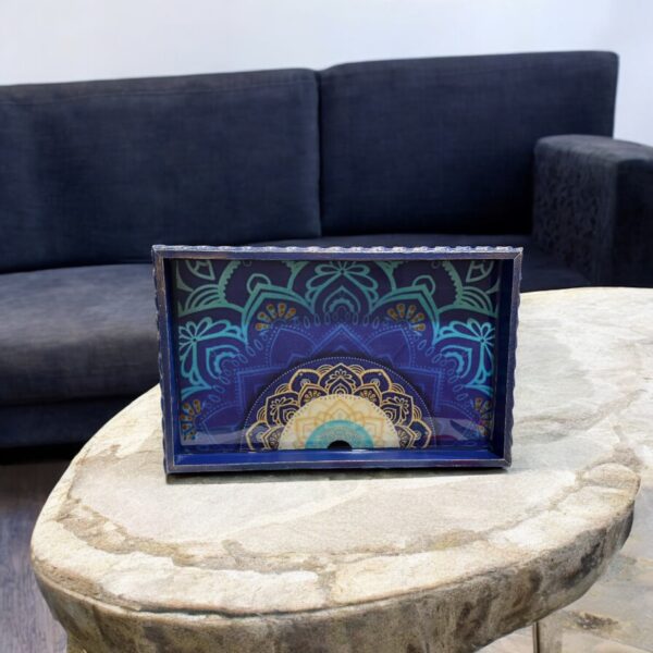Mandala Desenli Ahşap Tepsi | Mavi Tonlarda El Yapımı Dekoratif Sunum Tepsisi 20x30 cm - Görsel 2
