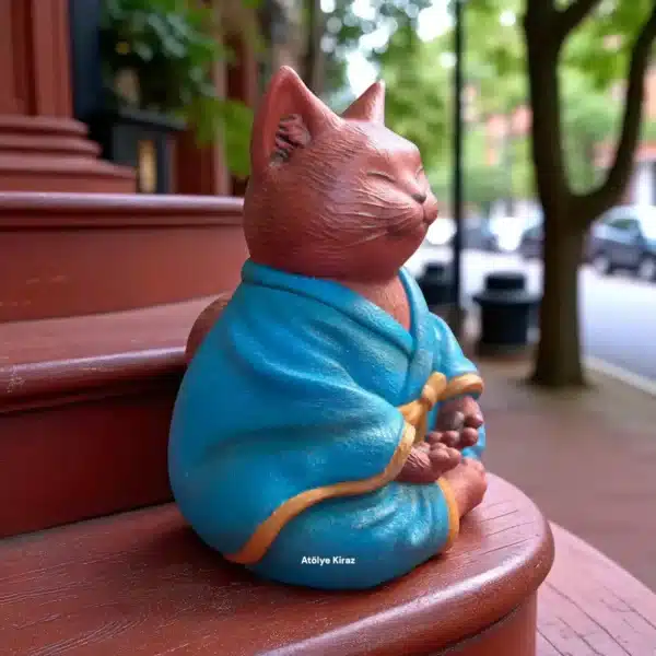 Mavi Pelerinli Buda Kedi Heykeli