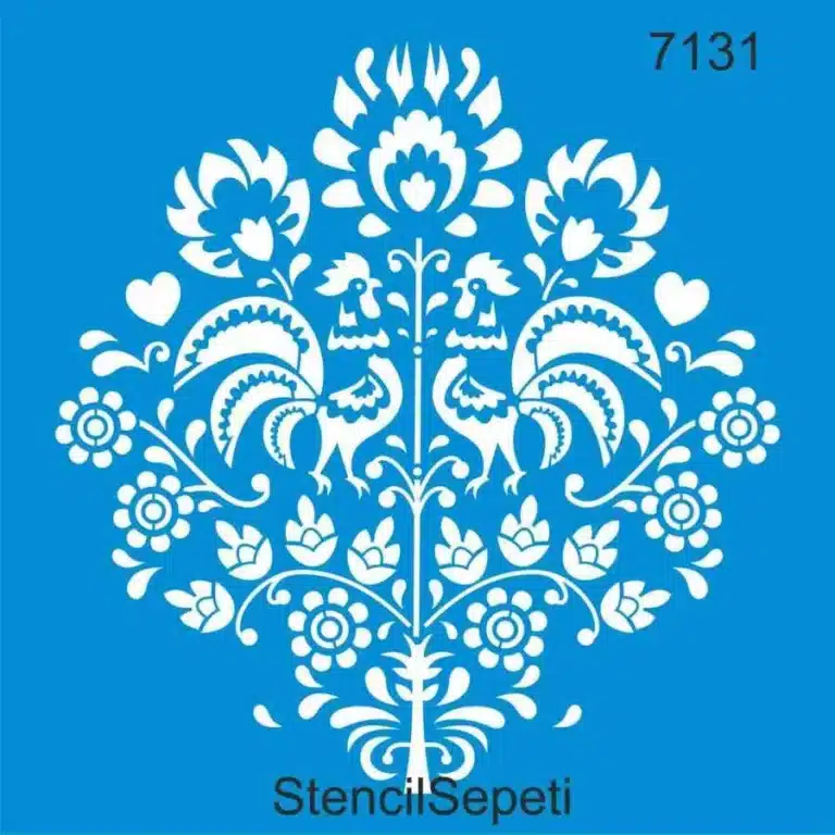 Horozlar ve Çiçekler Deseni - 7131 | Stencil Boyama Şablonu - 30x30 cm | T2250
