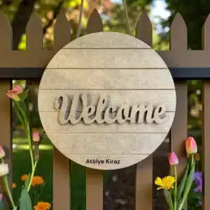 Yuvarlak Çizgili Welcome Yazılı Pano | Dekoratif Ahşap Obje 4 Yuvarlak Çizgili Welcome Yazılı Pano