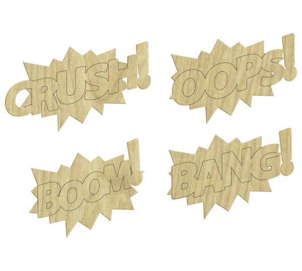 KD188 Ahşap Paket Süs-OOPS, CRUSH, BANG, BOOMYazıları