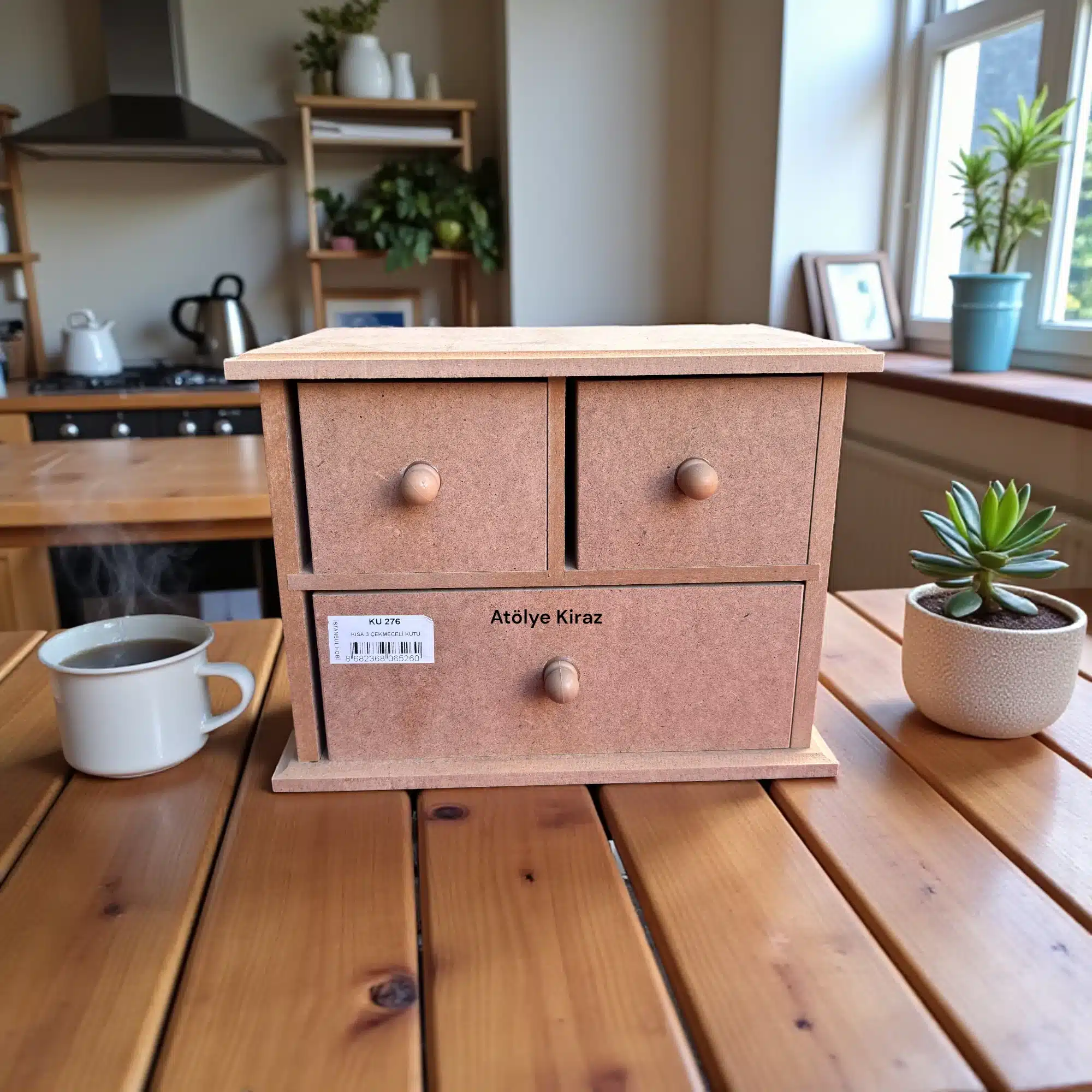 Ham Ahşap Takı Kutusu | Üç Çekmeceli Dekoratif Kutu