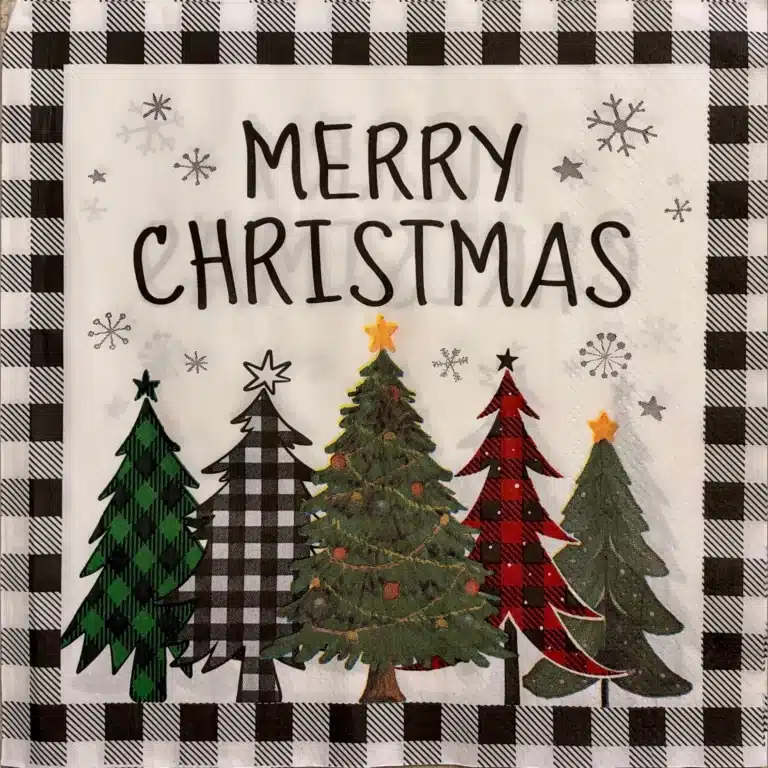 Çam ağaçlı merry christmas desenli pötikare kenarlı dekopaj peçetesi atölye kiraz