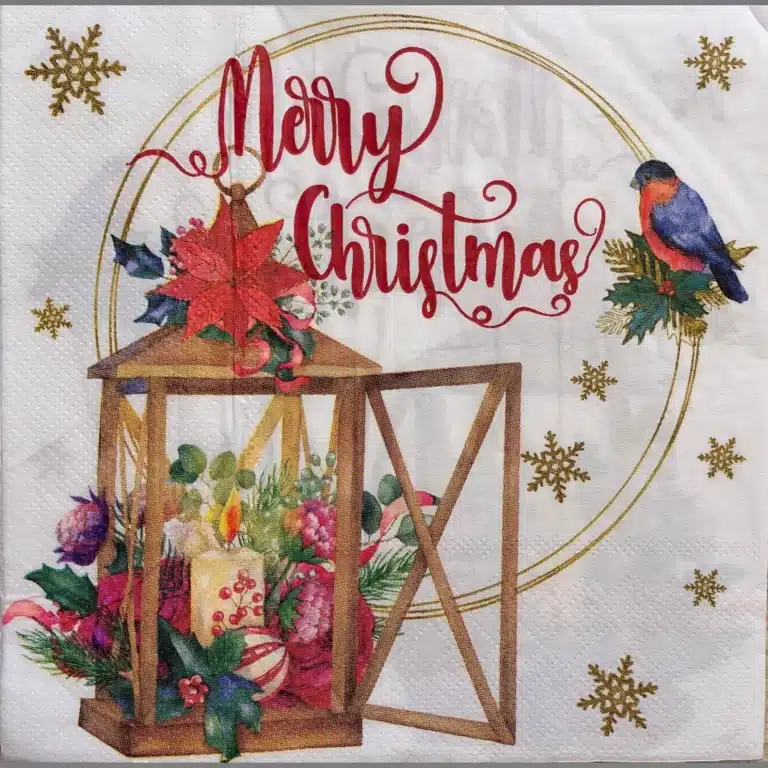 Yılbaşı fener ve kuş desenli merry christmas dekopaj peçetesi atölye kiraz