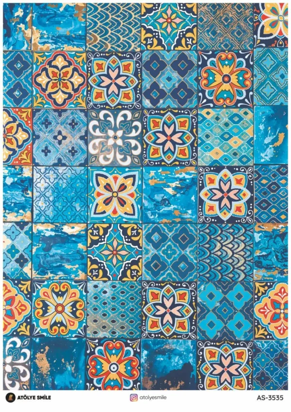 PD3535-AS | Pirinç Dekopaj Kağıdı (29x42 cm) | Mavi Ağırlıklı Kare Kare Farklı Farklı Motif Temalı