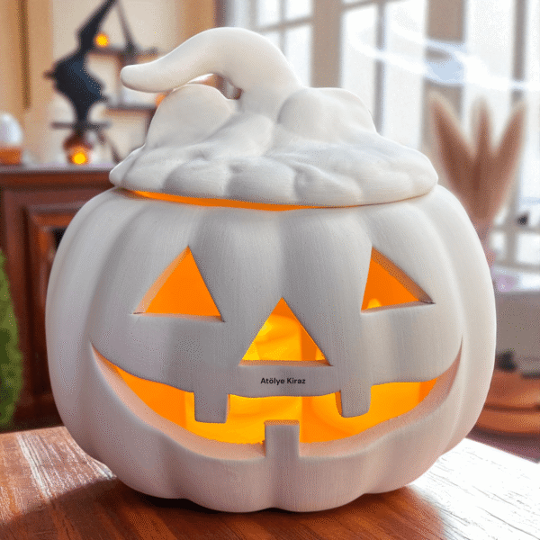 Ham Seramik Halloween Objesi: Boyanabilir Işıklı Kabak Figür - Görsel 2