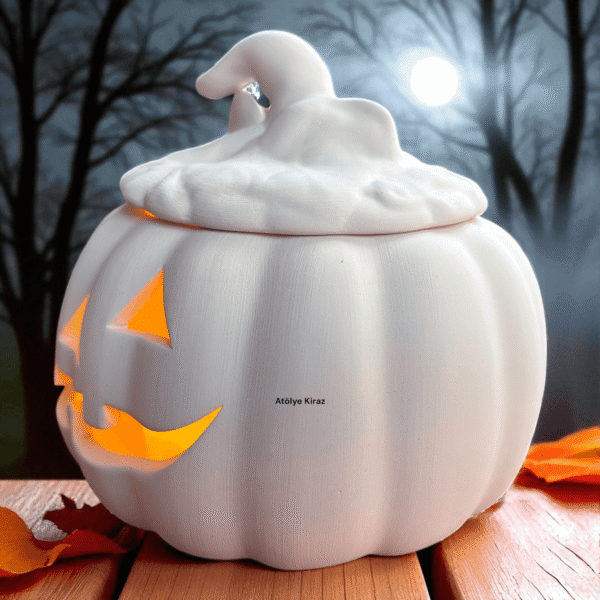 Ham Seramik Halloween Objesi: Boyanabilir Işıklı Kabak Figür - Görsel 3
