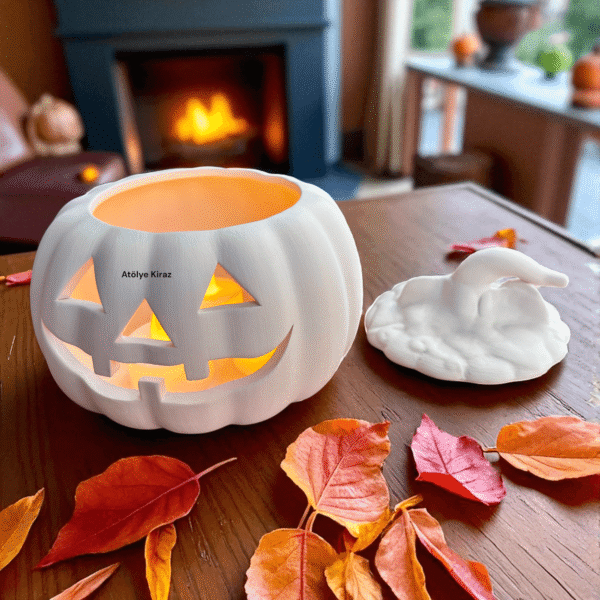 Ham Seramik Halloween Objesi: Boyanabilir Işıklı Kabak Figür - Görsel 5