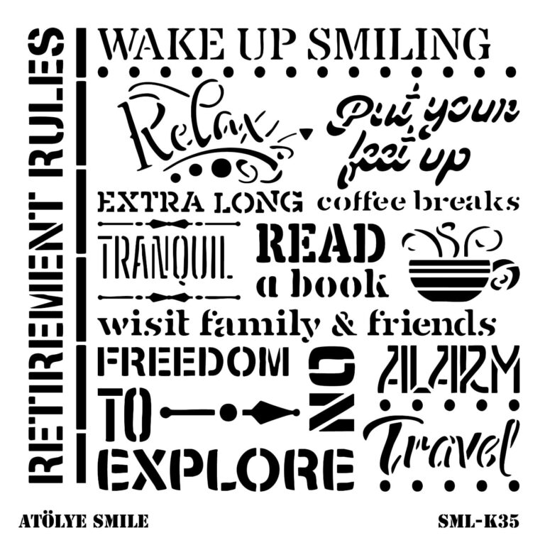 STN-K35-SML Karışık ve Farklı Fontlu Yazı Desenli Stencil Şablonu - 25x25 cm